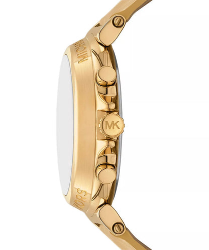 Michael Kors Maren watch side profile showing gold case and leather strap