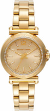 Michael Kors Maren gold-tone women's watch with champagne dial, crystal bezel, and gold bracelet