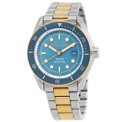 Michael Kors Maritime quartz watch with blue dial, gold bezel, two-tone bracelet, and date window