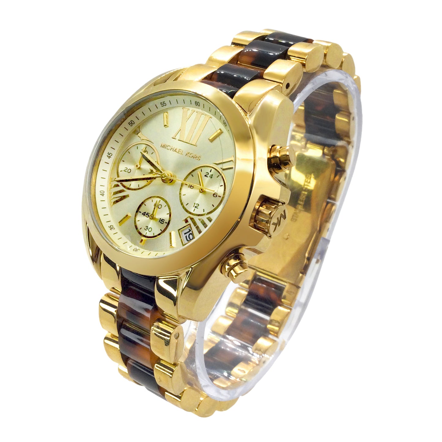 Michael Kors Mini Bradshaw watch angled view showing chronograph subdials and two-tone strap