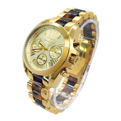 Michael Kors Mini Bradshaw watch angled view showing chronograph subdials and two-tone strap