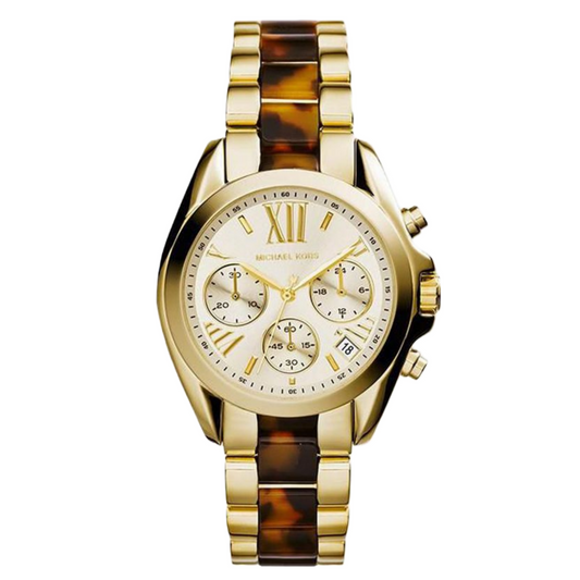 Michael Kors Mini Bradshaw chronograph watch with gold and tortoise two-tone bracelet, white dial