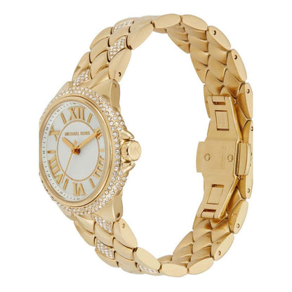 Michael Kors Mini Camille MK4801 three-quarter view showing quilted gold-tone bracelet and pavé crystal details