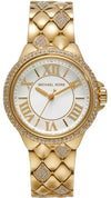 Michael Kors Mini Camille MK4801 gold-tone women's watch with white dial, pavé crystal bezel, and quilted bracelet