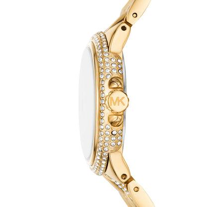 Michael Kors Mini Camille MK4801 side profile displaying case thickness and pavé crystal bezel