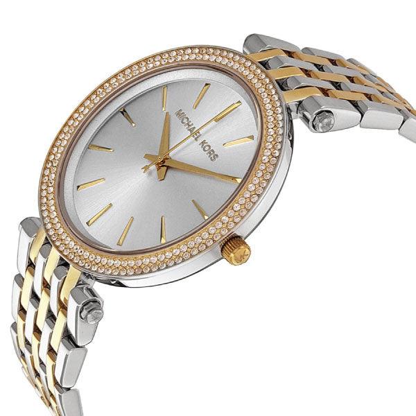 Angled view of Mini Darci watch showing crystal bezel detail and two tone bracelet