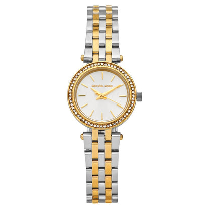 Michael Kors Mini Darci two tone women's watch with silver dial, crystal bezel, and mixed metal bracelet
