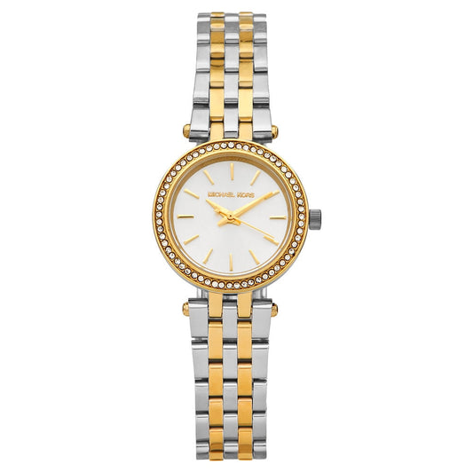 Michael Kors Mini Darci two tone women's watch with silver dial, crystal bezel, and mixed metal bracelet