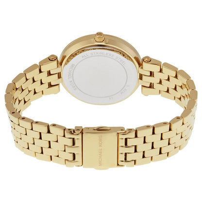 Caseback view of Michael Kors Mini Darci watch with gold bracelet