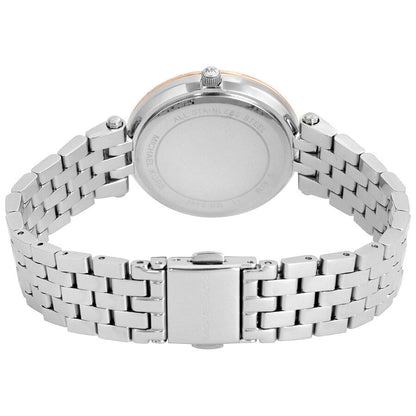 Back case view of Michael Kors Mini Darci watch with silver-tone metal band