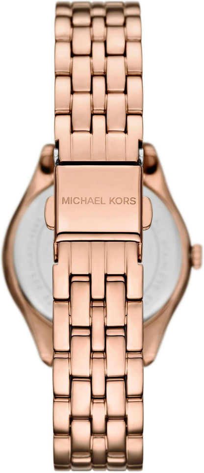 Rose-gold Michael Kors Mini Harlowe watch caseback with bracelet strap detail