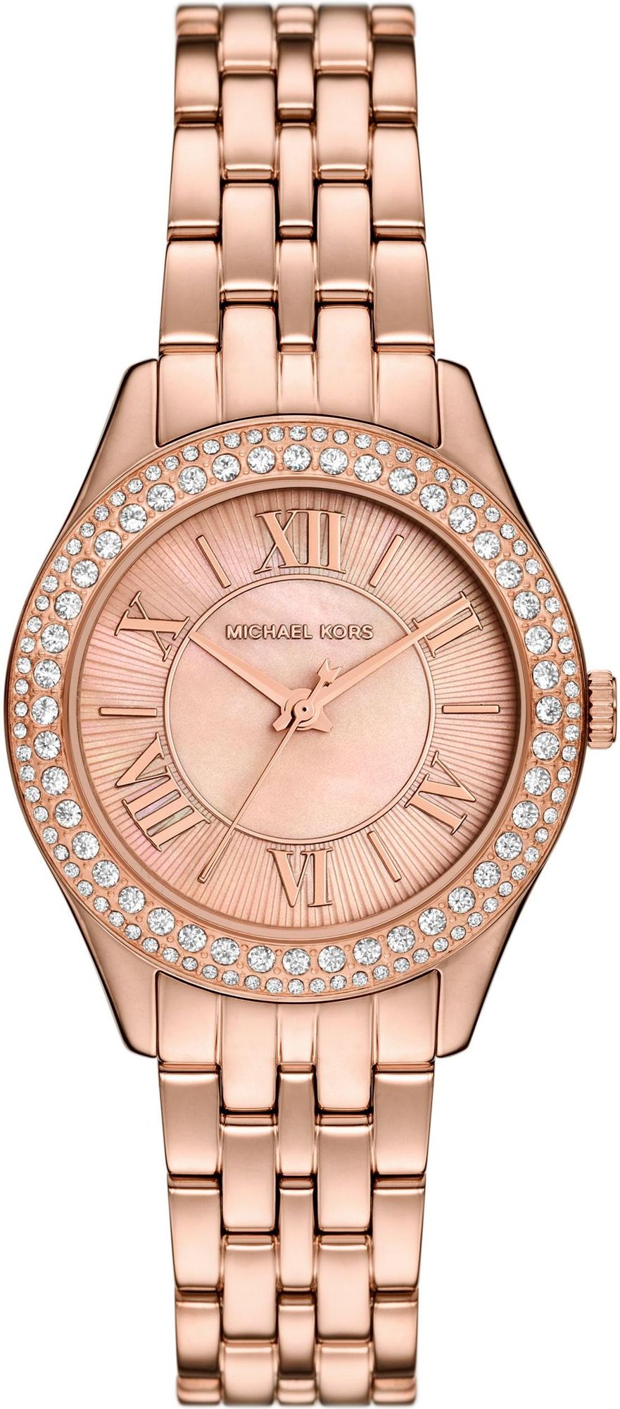 Michael Kors Mini Harlowe rose-gold women's watch with crystal pavé bezel and Roman numeral dial