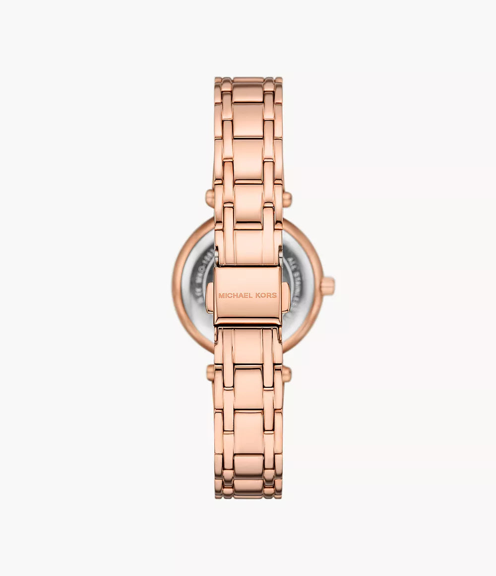Rose gold women's watch shown from back displaying engraved caseback and bracelet