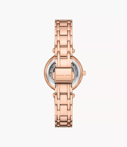 Rose gold women's watch shown from back displaying engraved caseback and bracelet