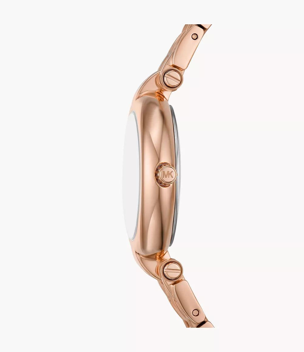 Side profile of rose gold Mini Laney watch showing case thickness and bracelet