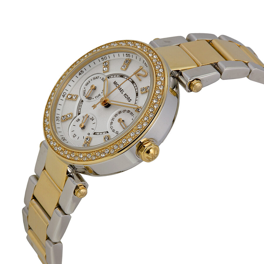Michael Kors Mini Parker watch from angle showing two-tone steel and gold bracelet