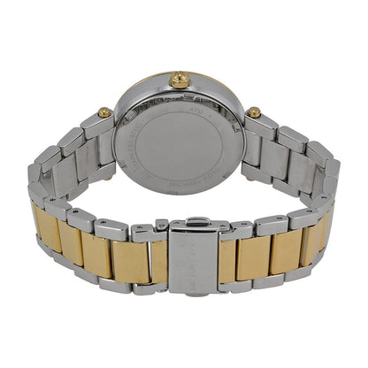 Michael Kors Mini Parker watch caseback showing two-tone steel and gold bracelet