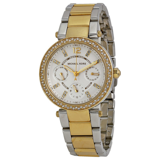 Michael Kors Mini Parker two-tone watch with white glitz dial and crystal-set bezel