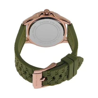 Michael Kors Mini Pilot watch back view showing stainless steel caseback and strap
