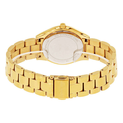Michael Kors Mini Slim Runway MK3477 caseback showing stainless steel back and gold tone bracelet