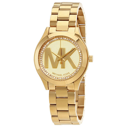 Michael Kors Mini Slim Runway gold tone ladies watch MK3477 with crystal bezel and MK logo dial