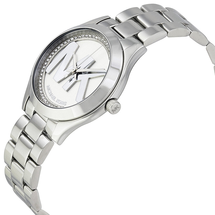 Michael Kors Mini Slim Runway silver-tone watch at angle showing link bracelet and dial