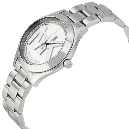 Michael Kors Mini Slim Runway silver-tone watch at angle showing link bracelet and dial