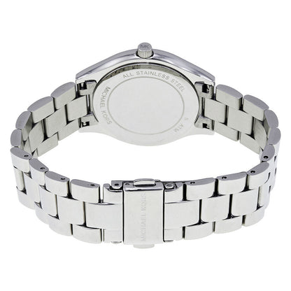 Michael Kors Mini Slim Runway watch caseback with stainless steel bracelet