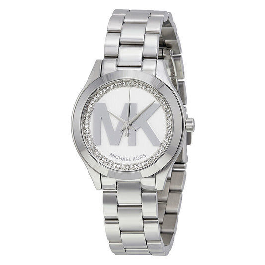 Michael Kors Mini Slim Runway silver-tone women's watch with white dial and crystal bezel
