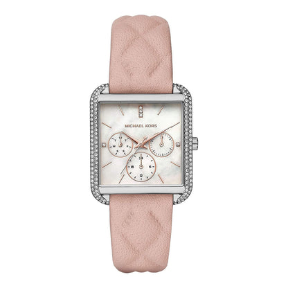 Michael Kors Drew women's watch with mother-of-pearl dial, crystal-bezel case, and pink leather strap