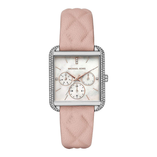 Michael Kors Drew women's watch with mother-of-pearl dial, crystal-bezel case, and pink leather strap