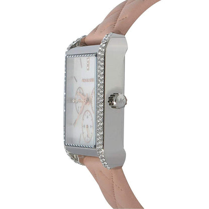 Michael Kors Drew watch on wrist showing rectangular crystal-set case and pink leather strap