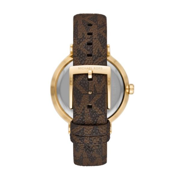 Michael Kors Addyson watch angled view displaying brown leather strap with gold buckle