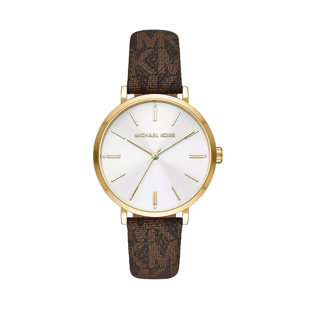 Michael Kors Addyson gold-tone watch with white dial and brown leather strap