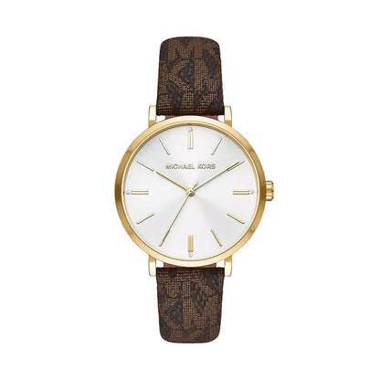 Michael Kors Addyson gold-tone watch with white dial and brown leather strap