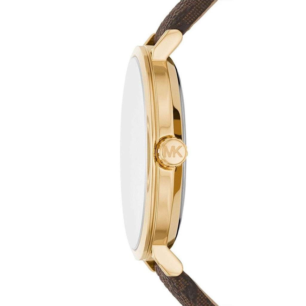 Michael Kors Addyson watch side profile showing gold-tone case and brown leather strap