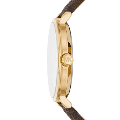 Michael Kors Addyson watch side profile showing gold-tone case and brown leather strap