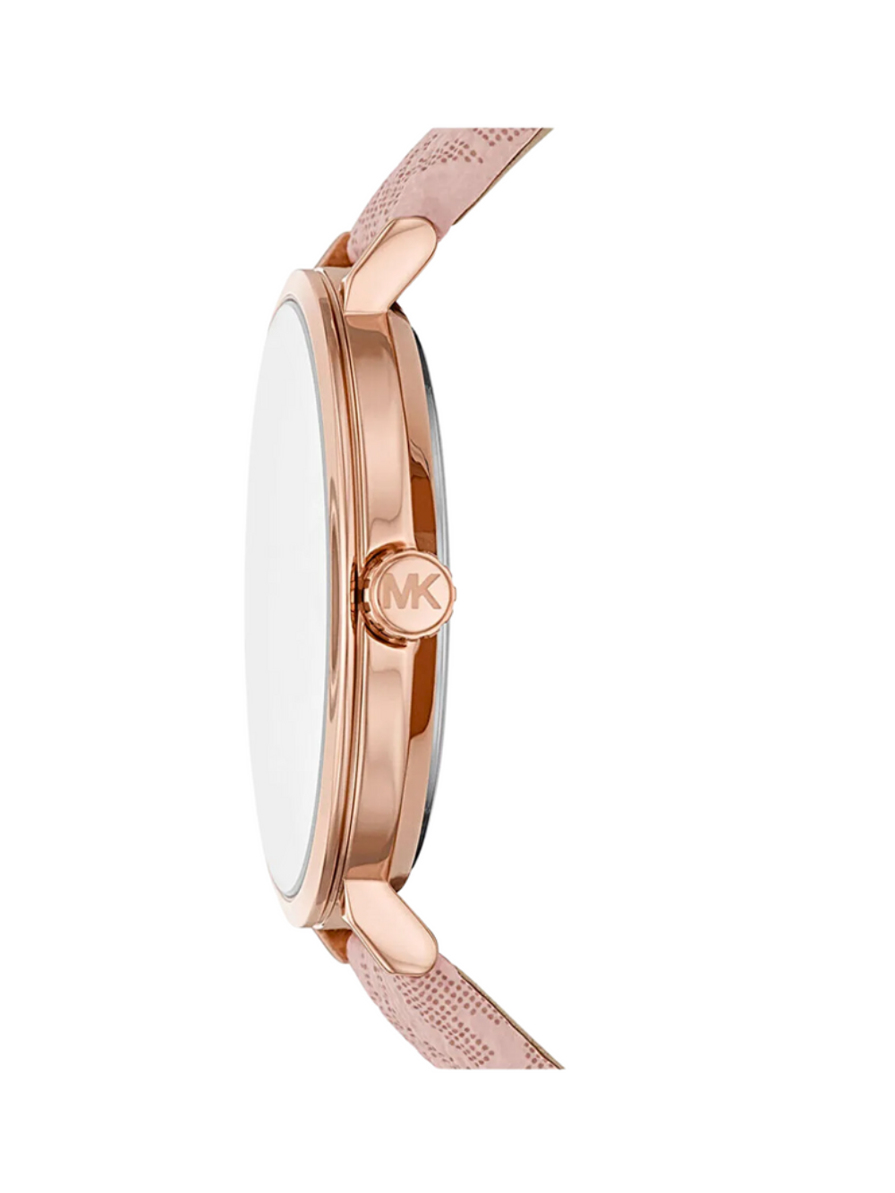 Side profile of Michael Kors Addyson MK2947 showing rose-gold case thickness and pink PVC strap