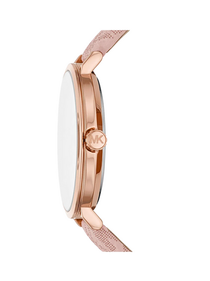 Side profile of Michael Kors Addyson MK2947 showing rose-gold case thickness and pink PVC strap