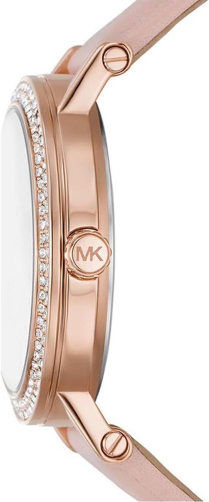 Michael Kors MK2987 side view showing rose gold case profile and pink leather strap