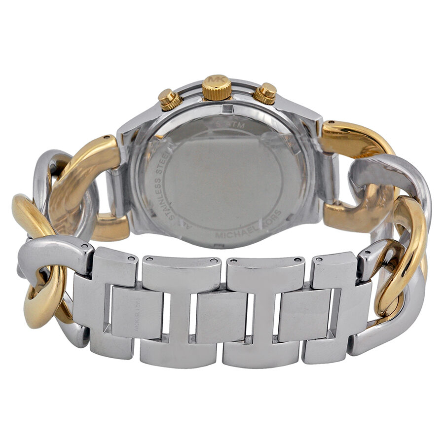 Caseback view of MK3199 Twist Chain watch showing steel and gold two-tone chain link strap construction