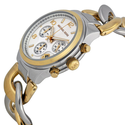 Side angle view of MK3199 Twist Chain chronograph showing white dial, subdials, and two-tone bracelet