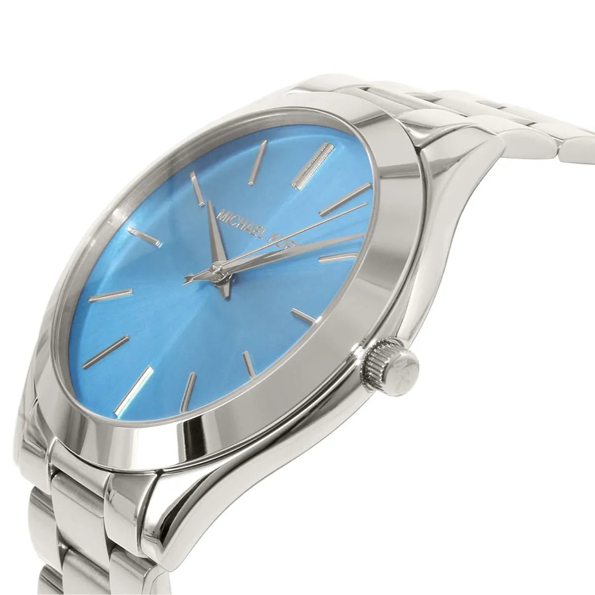 Michael Kors MK3292 Slim Runway watch angled view showing turquoise dial and silver case profile