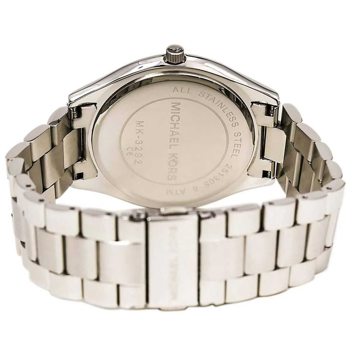 Michael Kors MK3292 Slim Runway caseback showing stainless steel construction and model details