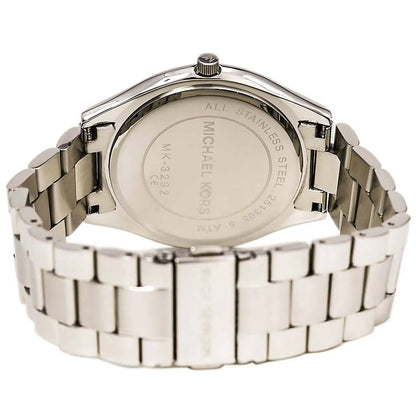 Michael Kors MK3292 Slim Runway caseback showing stainless steel construction and model details