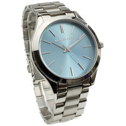 Michael Kors MK3292 Slim Runway watch side view with turquoise dial and silver-tone stainless steel bracelet