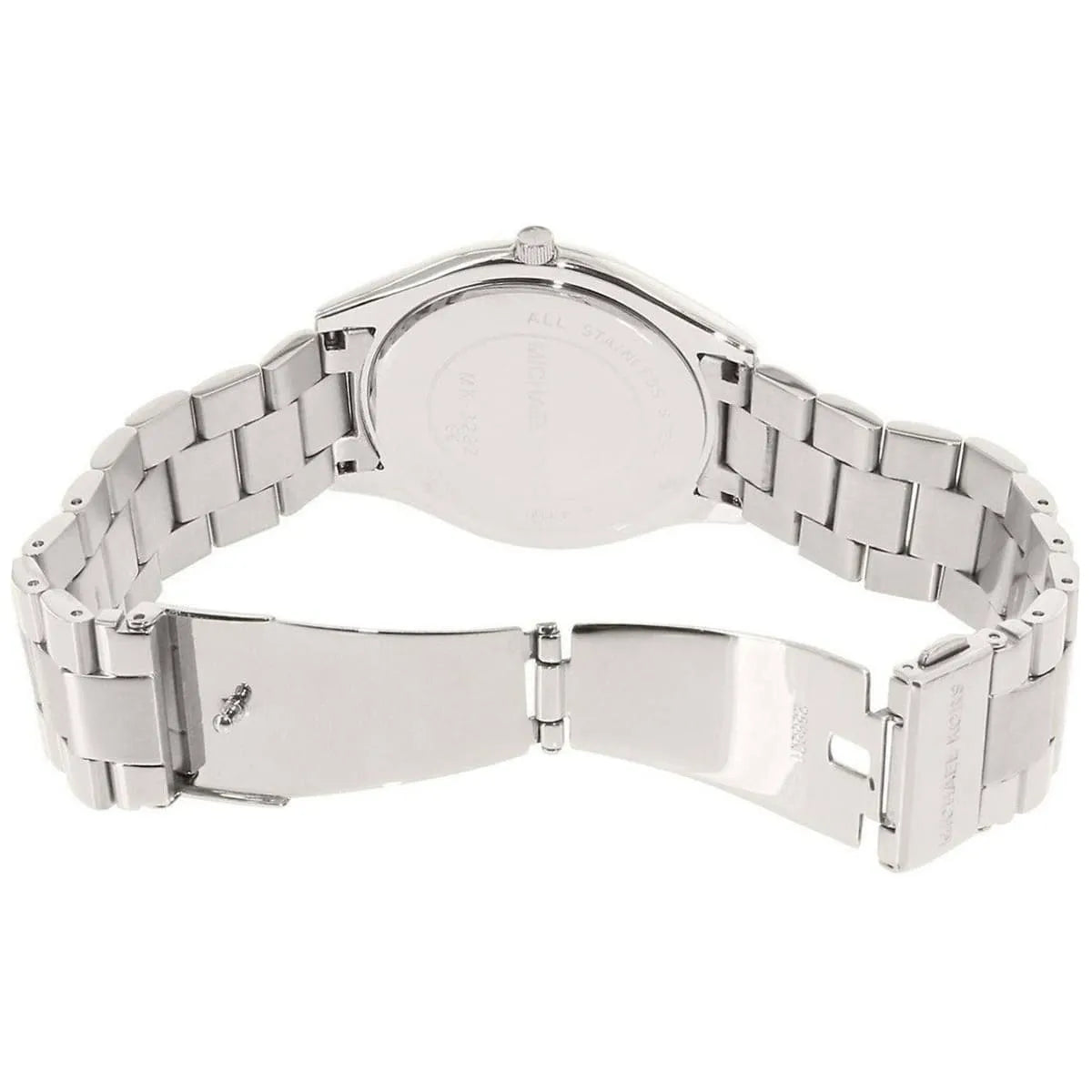 Michael Kors MK3292 Slim Runway silver-tone stainless steel bracelet and clasp detail