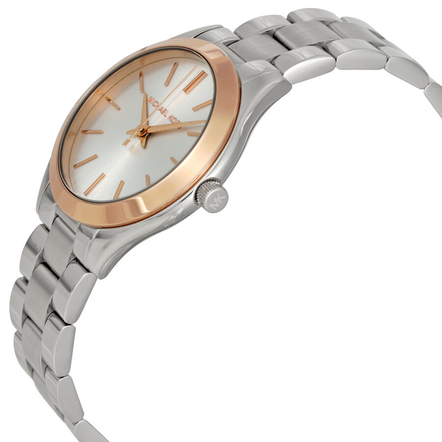 Side angled view of Michael Kors MK3514 watch showing link bracelet and case profile