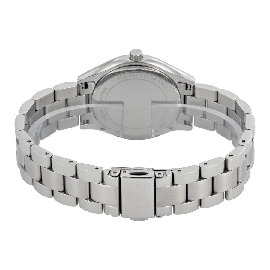 Back view of Michael Kors MK3514 watch showing stainless steel caseback and bracelet