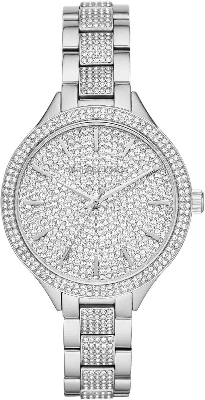 Michael Kors Slim Runway silver-tone women's watch with pavé crystal dial and matching bracelet